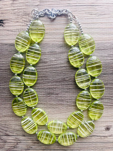 Textured Lime Statement Necklace, Big Beaded necklace, chunky beaded green necklace wedding, green jewelry, white striped jewelry