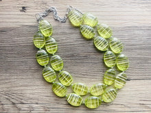 Load image into Gallery viewer, Textured Lime Statement Necklace, Big Beaded necklace, chunky beaded green necklace wedding, green jewelry, white striped jewelry