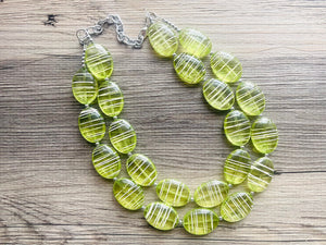 Textured Lime Statement Necklace, Big Beaded necklace, chunky beaded green necklace wedding, green jewelry, white striped jewelry