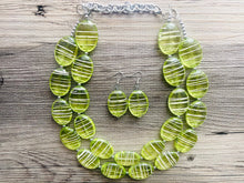 Load image into Gallery viewer, Textured Lime Statement Necklace, Big Beaded necklace, chunky beaded green necklace wedding, green jewelry, white striped jewelry