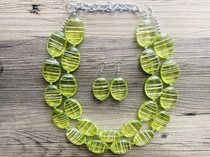 Textured Lime Statement Necklace, Big Beaded necklace, chunky beaded green necklace wedding, green jewelry, white striped jewelry