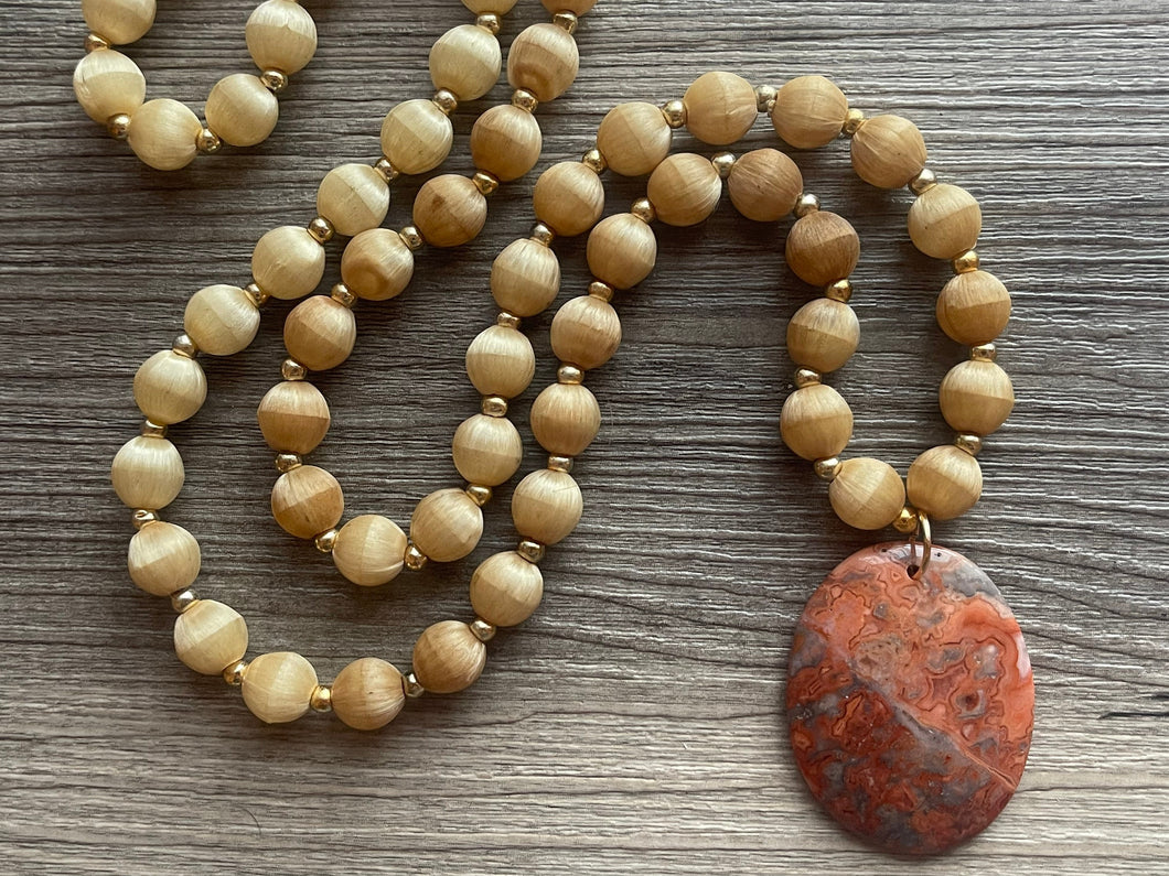 Jasper GemStone Chunky Statement Necklace, orange white gemstone necklace, 30 Inch long gem jewelry, beaded necklace, agate pendant long