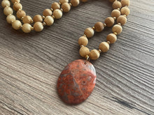 Load image into Gallery viewer, Jasper GemStone Chunky Statement Necklace, orange white gemstone necklace, 30 Inch long gem jewelry, beaded necklace, agate pendant long