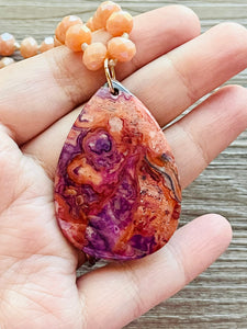 GemStone Chunky Statement Necklace, orange purple Dragon Vein striped gemstone necklace, long gem jewelry beaded agate champagne pendant