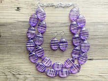 Load image into Gallery viewer, Textured Purple Statement Necklace, Big Beaded necklace, chunky beaded necklace wedding, lavender jewelry, white striped jewelry