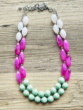 Load image into Gallery viewer, Green &amp; Pink Double Statement Necklace, Chunky Jewelry Big Beaded Necklace, dark pink Necklace, magenta Jewelry bubble 2 strand