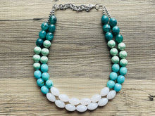 Load image into Gallery viewer, Mint Mountain Nautical Chunky Statement Necklace, Big beaded jewelry, 2 Strand Statement Necklace, blue green silver, emerald necklace olive