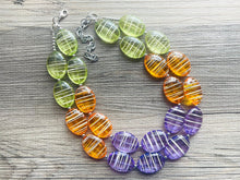 Load image into Gallery viewer, Textured Orange Purple Lime Green Statement Necklace, Big Beaded necklace, chunky beaded necklace wedding, clementine jewelry, white striped