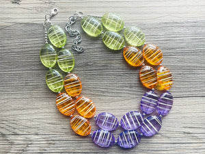 Textured Orange Purple Lime Green Statement Necklace, Big Beaded necklace, chunky beaded necklace wedding, clementine jewelry, white striped