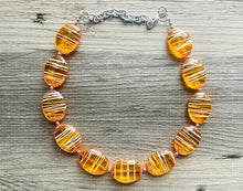 Load image into Gallery viewer, Textured Orange Statement Necklace, Big Beaded necklace, chunky beaded necklace wedding, clementine jewelry, white striped jewelry