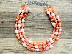 Summer Coral Beach Necklace, Bright Coral Pink Orange Beaded Jewelry, Statement Chunky Bub Silver creamsicle white peach