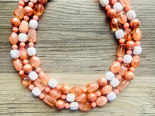 Load image into Gallery viewer, Summer Coral Beach Necklace, Bright Coral Pink Orange Beaded Jewelry, Statement Chunky Bub Silver creamsicle white peach