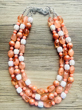 Load image into Gallery viewer, Summer Coral Beach Necklace, Bright Coral Pink Orange Beaded Jewelry, Statement Chunky Bub Silver creamsicle white peach