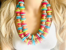 Load image into Gallery viewer, Big Bead Caribbean Necklace, Thick 2 Strand Statement Jewelry, pool blue lime green pink Chunky bib bridesmaid coral bubble jewelry