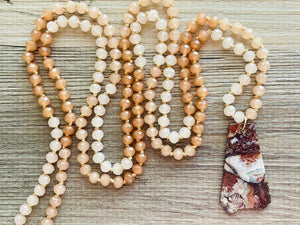 GemStone Chunky Statement Necklace, brown red striped gemstone necklace, long gem jewelry beaded necklace, agate jewelry pendant long