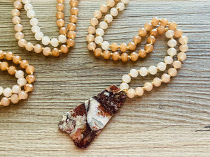 GemStone Chunky Statement Necklace, brown red striped gemstone necklace, long gem jewelry beaded necklace, agate jewelry pendant long
