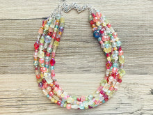 Load image into Gallery viewer, Five Strand Rainbow Ombré Statement Necklace, beaded jewelry, pastel necklace, white jewelry bridesmaid, rainbow acrylic gems