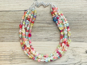 Five Strand Rainbow Ombré Statement Necklace, beaded jewelry, pastel necklace, white jewelry bridesmaid, rainbow acrylic gems