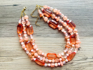 Peach & Coral Beach Necklace, Bright Coral Pink Orange Beaded Jewelry, Statement Chunky Bub Silver creamsicle, earring jewelry set