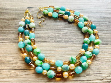 Green Golden Ombré Statement Necklace Set, Green jewelry forest green bib chunky necklace, light green necklace, creamy green beaded jewelry