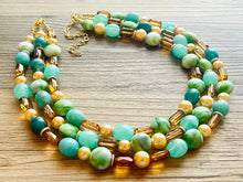 Load image into Gallery viewer, Green Golden Ombré Statement Necklace Set, Green jewelry forest green bib chunky necklace, light green necklace, creamy green beaded jewelry