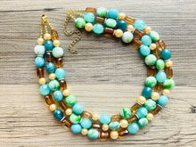 Load image into Gallery viewer, Green Golden Ombré Statement Necklace Set, Green jewelry forest green bib chunky necklace, light green necklace, creamy green beaded jewelry