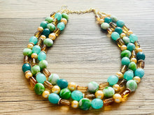 Load image into Gallery viewer, Green Golden Ombré Statement Necklace Set, Green jewelry forest green bib chunky necklace, light green necklace, creamy green beaded jewelry