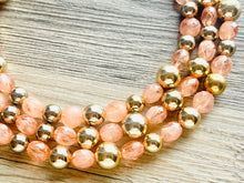 Load image into Gallery viewer, Peach &amp; Gold Triple strand statement Necklace, Clementine Beaded Necklace, summer silver jewelry, bubble necklace bib pink peach orange