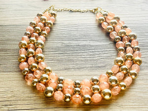 Peach & Gold Triple strand statement Necklace, Clementine Beaded Necklace, summer silver jewelry, bubble necklace bib pink peach orange