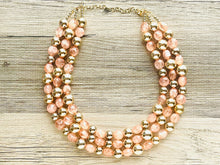 Load image into Gallery viewer, Peach &amp; Gold Triple strand statement Necklace, Clementine Beaded Necklace, summer silver jewelry, bubble necklace bib pink peach orange