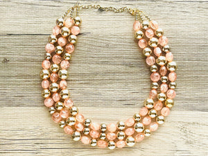 Peach & Gold Triple strand statement Necklace, Clementine Beaded Necklace, summer silver jewelry, bubble necklace bib pink peach orange