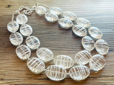 Textured Clear Statement Necklace, Big Beaded necklace, chunky beaded necklace wedding, acetate resin jewelry, white striped jewelry