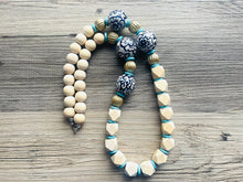 Load image into Gallery viewer, Ginger Jar Chunky Long Statement Necklace, chinoiserie silver wood necklace, beaded long necklace, blue beaded statement jewelry