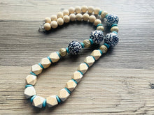 Load image into Gallery viewer, Ginger Jar Chunky Long Statement Necklace, chinoiserie silver wood necklace, beaded long necklace, blue beaded statement jewelry