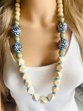 Load image into Gallery viewer, Ginger Jar Chunky Long Statement Necklace, chinoiserie silver wood necklace, beaded long necklace, blue beaded statement jewelry