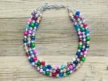 Load image into Gallery viewer, Shimmer Silver Jewels Chunky Rainbow Beaded Necklace, Colorful Jewelry statement necklace, big beaded necklace, rainbow jewelry baby