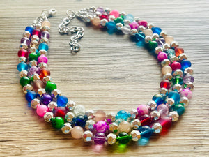 Shimmer Silver Jewels Chunky Rainbow Beaded Necklace, Colorful Jewelry statement necklace, big beaded necklace, rainbow jewelry baby