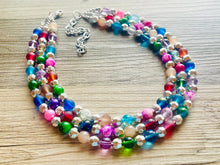 Load image into Gallery viewer, Shimmer Silver Jewels Chunky Rainbow Beaded Necklace, Colorful Jewelry statement necklace, big beaded necklace, rainbow jewelry baby