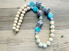 Load image into Gallery viewer, Ginger Jar Chunky Long Statement Necklace, chinoiserie silver wood necklace, beaded long necklace, blue beaded statement jewelry