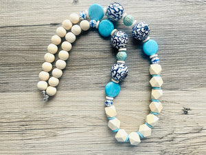 Ginger Jar Chunky Long Statement Necklace, chinoiserie silver wood necklace, beaded long necklace, blue beaded statement jewelry