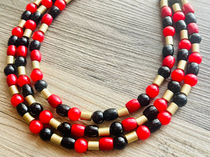 Black & Red Jewel Statement Necklace, Chunky 3 Strand Jewelry, gold red necklace, red bib beaded necklace thick collar bead metal