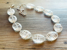 Load image into Gallery viewer, Textured Clear Statement Necklace, Big Beaded necklace, chunky beaded necklace wedding, acetate resin jewelry, white striped jewelry