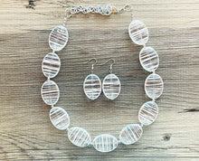 Load image into Gallery viewer, Textured Clear Statement Necklace, Big Beaded necklace, chunky beaded necklace wedding, acetate resin jewelry, white striped jewelry