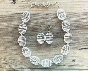 Textured Clear Statement Necklace, Big Beaded necklace, chunky beaded necklace wedding, acetate resin jewelry, white striped jewelry