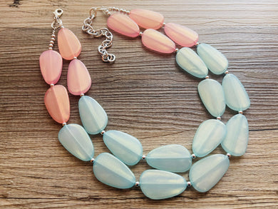 Pink & Green Statement Necklace, Multi-Strand, Double Layer Chunky Jewelry, pink green jewelry, beaded necklace, green necklace, blush pink