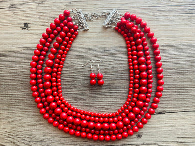 Red Graduated 5 Strand statement necklace, dark red big beaded chunky jewelry, fall statement necklace ball beaded bubble earrings
