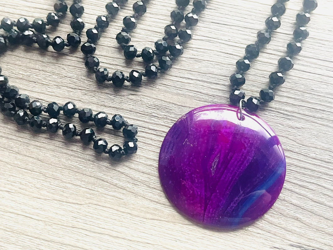 GemStone Chunky Statement Necklace, black purple blue circle gemstone necklace, long gem jewelry beaded necklace, agate jewelry pendant long