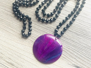 GemStone Chunky Statement Necklace, black purple blue circle gemstone necklace, long gem jewelry beaded necklace, agate jewelry pendant long