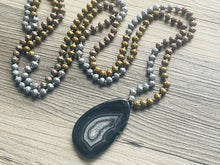 Load image into Gallery viewer, GemStone Chunky Statement Necklace, gray black agate slice gemstone necklace, long gem jewelry beaded metallic, gold jewelry pendant long