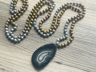 GemStone Chunky Statement Necklace, gray black agate slice gemstone necklace, long gem jewelry beaded metallic, gold jewelry pendant long